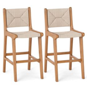Set of 2 Outdoor Counter Height Bar Stool Woven Paper Rope Patio Barstool with Teak Wood Frame