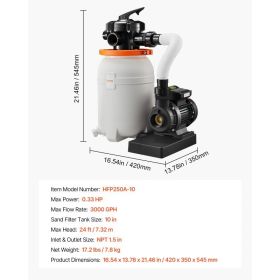10 In Sand Filter Pump For Above Ground Pool, 0.33 HP 3000 GPH, Swimming Pool Sand Filter Pump With Pre-Assembled Core & Leak-Resistant Design, 6-Way