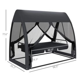 3 Seat Outdoor Swing Chair Convertible Covered Day Bed With Canopy, Mesh Netting, Steel Stand For Garden, Patio, Gray