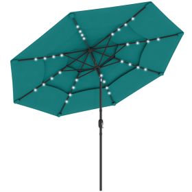 9.7 ft Outdoor Patio Umbrella with Solar LED Lights, 3 Tier Outdoor Table Umbrella with Tilt, Crank, Teal