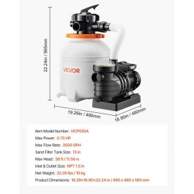 13 In Sand Filter Pump For Above Ground Pool, 0.75 HP 3500 GPH, Swimming Pool Sand Filter Pump With Pre-Assembled Core & Leak-Resistant Design, 6-Way