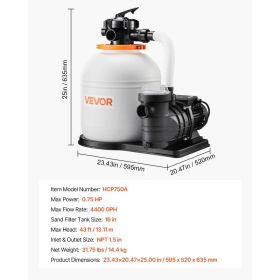 16 In Sand Filter Pump For Above Ground Pool, 0.75 HP 4400 GPH, Swimming Pool Sand Filter Pump With Pre-Assembled Core & Leak-Resistant Design, 6-Way