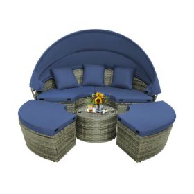 Outdoor PE Wicker Round Daybed with Retractable Canopy and Cushions-Gray
