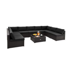 10 Piece Outdoor Wicker Conversation Set with Seat and Back Cushions-Navy