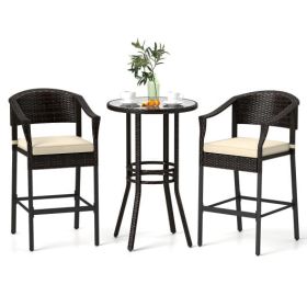 3-Piece Patio Rattan Bar Set with Tempered Glass Top for Backyard Poolside-Brown