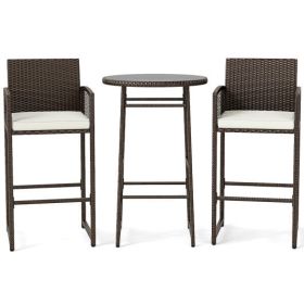3 Piece Patio Bar Set Outdoor Wicker Bar Height Table and Armchairs-White
