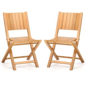 2 Pieces Teak Wood Outdoor Dining Chairs with Slatted Seat