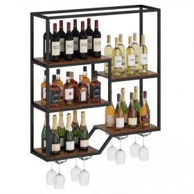 Wall Mounted Wine Rack 6-Tier Hanging Bar Shelf with Bottle Display Shelf and Glass Holder-Rustic Brown