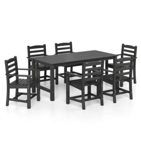 7 Pieces Outdoor Dining Table Set for 6 People 67 Inch HDPE Patio Rectangle Table and 6 Armchairs-Black