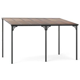 Wall-Mounted Patio Gazebo Large Outdoor Hardtop Pergola with Sloped Polycarbonate Roof-Black