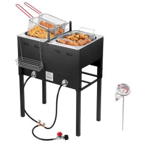 Outdoor Propane Deep Fryer, Dual-Tank 16QTx2 Large Capacity Commercial Fryer, Stainless Steel Fish Cooker with 3 Basket, Thermometer