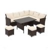 7 Piece Wicker Patio Dining Set, 9-Seat Outdoor Sectional Ivory Cushions Sofa with Ottomans & Dining Table Porch Backyard Garden