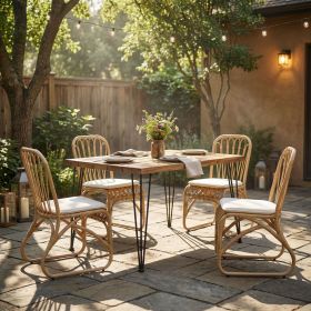 5 PCS Outdoor Dining Set for 4, Square Table with Acacia Wood Top & Rattan Chairs, 32.5" Modern Furniture Set for Patio, Deck, Backyard, Porch