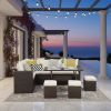7 Piece Wicker Patio Dining Set, 9-Seat Outdoor Sectional Ivory Cushions Sofa with Ottomans & Dining Table Porch Backyard Garden