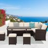 7 Piece Wicker Patio Dining Set, 9-Seat Outdoor Sectional Ivory Cushions Sofa with Ottomans & Dining Table Porch Backyard Garden