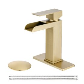 Waterfall Bathroom Faucet Brushed Gold Single Handle Bathroom Sink Faucets 1 Or 3 Hole Solid Vanity Faucet With Deck Plate & Overflow Pop Up Drain Bru
