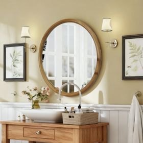 Round Wood Framed Wall Mirror, 31.50  Natural Wooden Circle Mirror For Bathroom, Bedroom, Entryway, Mid-Century Modern Decorative Mirror