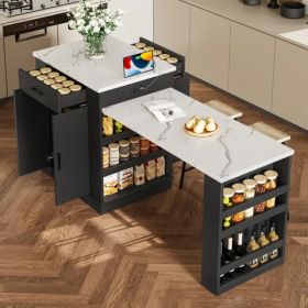 Extendable Island Console With Drawers, Double-door Cabinet, And Open Shelving. Serves As Dining Table, Temporary Breakfast Bar, And Afternoon Tea Lou