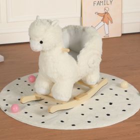 Kids Ride-On Rocking Horse Toy With Lullaby Song,Alpaca Rocking Toy With Hand Puppets And Safety Belt For Children 1-3 Years,Soft Plush Fabric,White,C