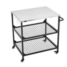 Outdoor Grill Cart, 31.5 x 24.0 inch Stainless Steel Tabletop Size Grilling Table, Outdoor Cooking Table with 4 Wheels & Side Handle, Two Mesh Shelves