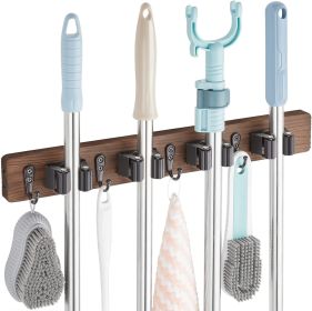 Mop and Broom Holder Wall Mount - Rustic Wood Broom Mop Hanger - Wall Mounted Garden Tool Rack Organizer for Closet Garage Laundry Room Kitchen Decor