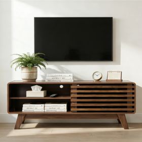 TV Stand With Storage, Entertainment Center With Slatted Sliding Door, Mid Century Modern TV Stand, Farmhouse Media Console For Living Room Walnut, 46