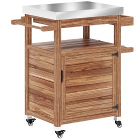 Outdoor Grill Cart with Stainless Steel Top, Solid Wood Outdoor Kitchen Island with Wheels, Drawer, Side Handle, Brown
