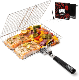 Grill Basket Set, Barbecue BBQ Grilling, Stainless Steel Folding Portable Outdoor Camping Rack for Fish, Shrimp, Vegetables, Cooking Accessories