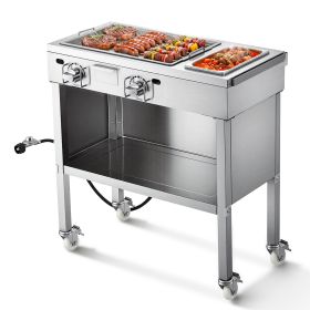 Outdoor Propane Griddle, 2 Burners (11,600 BTU Each), Commercial Stainless Steel Gas Griddle Cart with 4 Lockable Wheels, 1/3 Food Pan