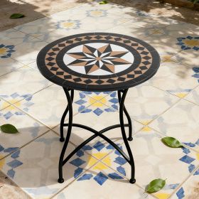 Round 24-inch Mosaic Tile Star Pattern Bistro Table with Metal Legs (Color: Black Tan)