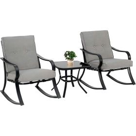 Outdoor 3-Piece Patio Furniture Rocking Chairs Table Set with Cushions (Color: Grey)