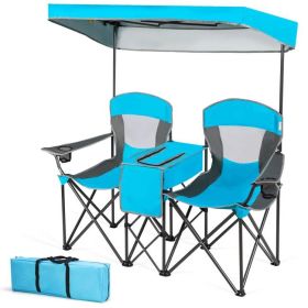 2-Piece Folding Canopy Chair Set with Cup Holder and Storage Pocket (Color: Light Blue)