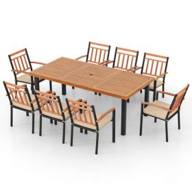 9 Pieces Patio Dining Set 39.5 Inch Acacia Wood Table with Umbrella Hole and 24-Inch Wide Chairs (size: 24-Inch)