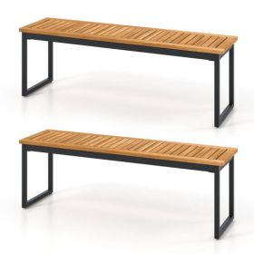 Patio Dining Bench Backless with Slatted Seat and Metal Legs (Option: Set Of 2)