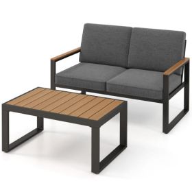 2 Piece Patio Aluminum Furniture Set with Wood-Plastic Armrests and Tabletop-Gray (Option: 2 Piece)