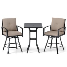 3 Pieces Patio Swivel Bar Set with Soft Cushions and Umbrella Hole (Color: Brown)