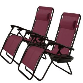 Set of 2 Folding Outdoor Zero Gravity Lounge Chair (Color: Burgandy Wine Red)