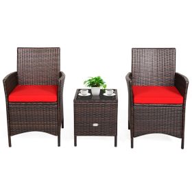 3 Pieces Patio Cushioned Rattan Converstaion Set With Glass Table Top (Color: Red)