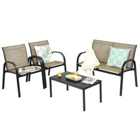 4 Pieces Patio Furniture Set with Glass Top Coffee Table (Color: Brown)