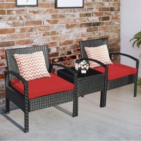 3 Pieces Outdoor Rattan Patio Conversation Set with Seat Cushions (Color: Red)
