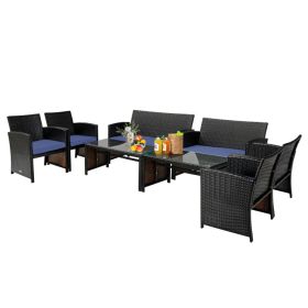 4 Pieces Patio Rattan Cushioned Furniture Set (Color: Navy)