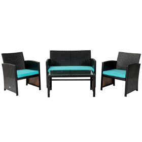 4 Pieces Patio Rattan Cushioned Furniture Set (Color: Turquoise)
