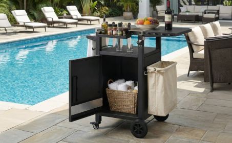 K&K Outdoor Grill Cart with Drop Leaf, Outdoor Metal Bar Cart Pizza Oven Table with Wheels, Stainless Steel Top (size: 33.9")