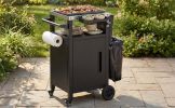 K&K Outdoor Grill Cart with Drop Leaf, Outdoor Metal Bar Cart Pizza Oven Table with Wheels, Stainless Steel Top